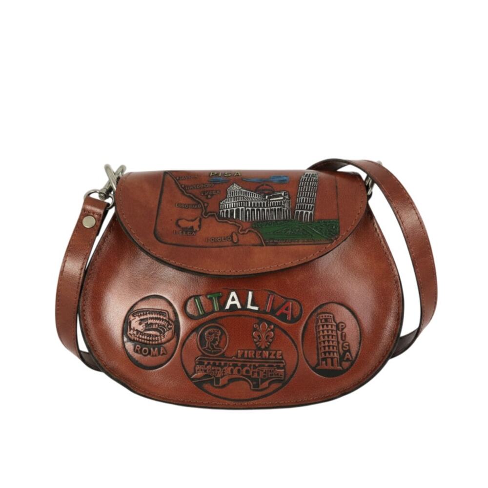 Vintage Handmade Embossed Leather Crossbody Bag Brown Unique Rare Made in Italy